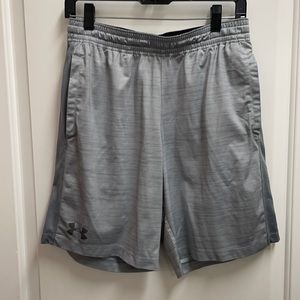 Men’s medium light gray / silver Under Armor heat gear shorts